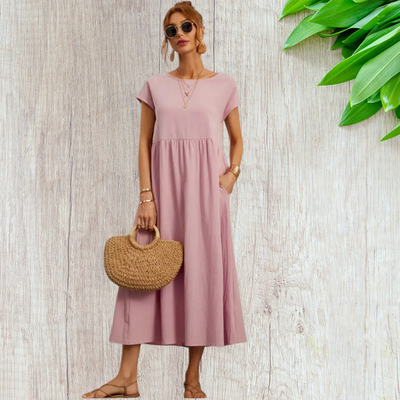 Dresses & Skirts - Loose Pink Short-Sleeve Midi Dress with Pockets - Size Medium